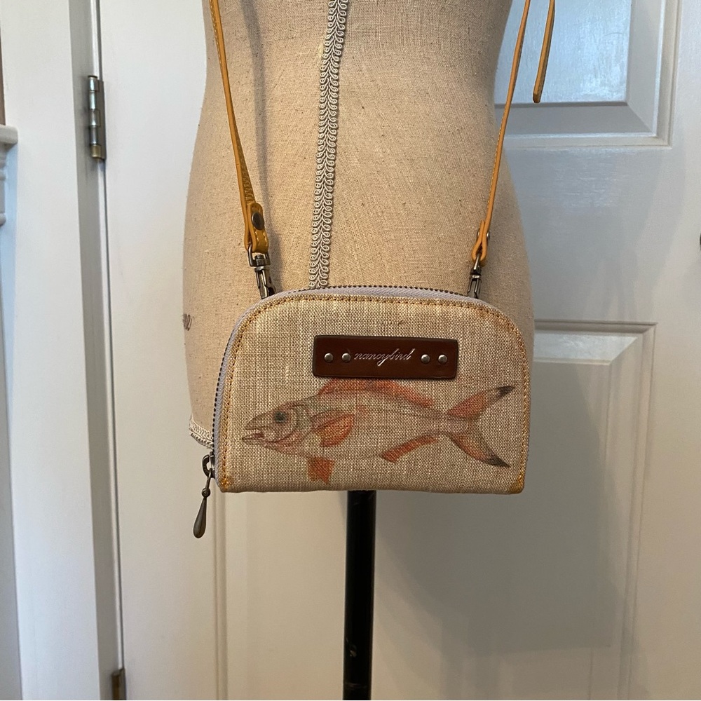 NANCYBIRD BAG ZIP AROUND WALLET CROSSBODY TAN LEATHER FISH PATTERN FABRIC